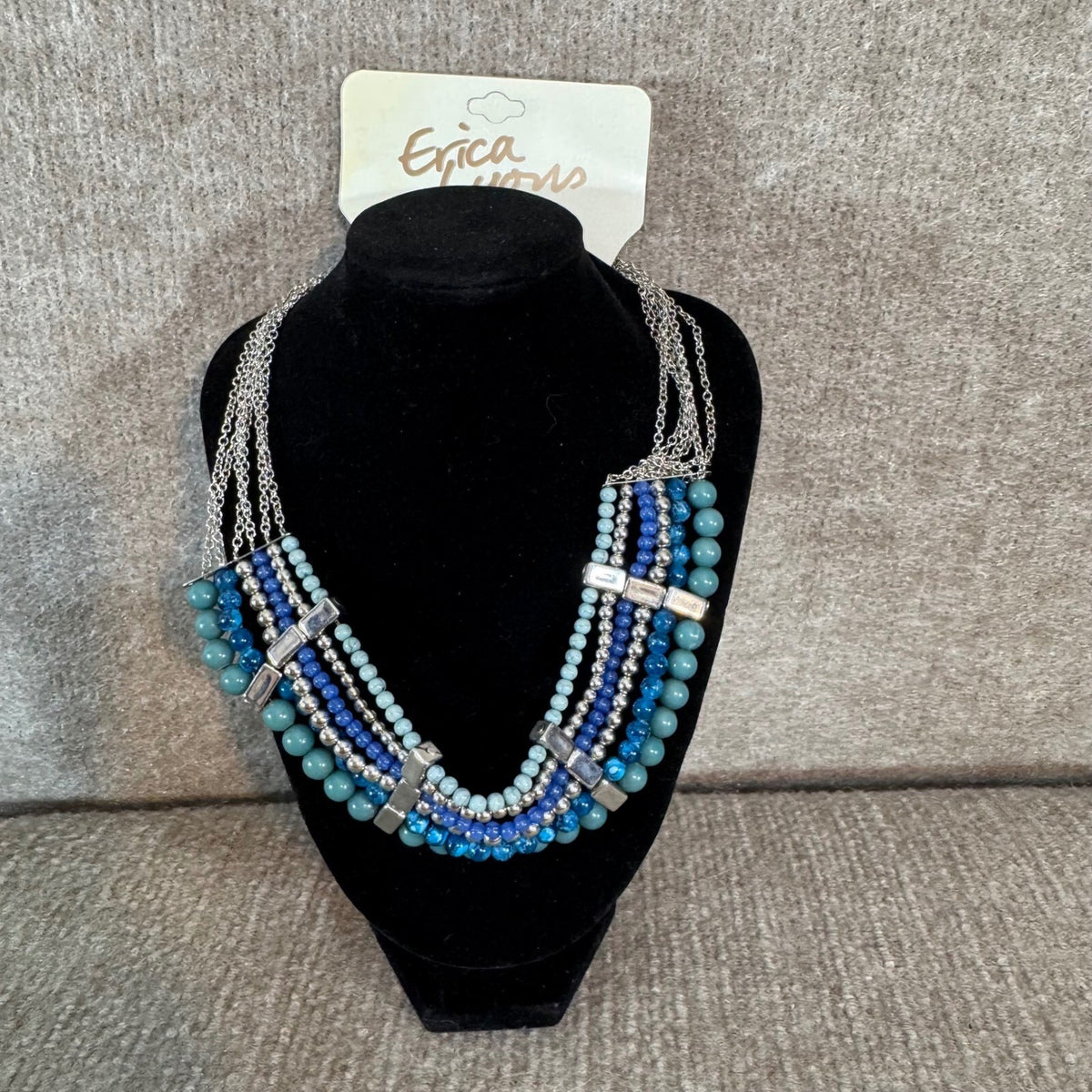 Erica Lyons Layered Beaded Necklace Women OS Blue Silver Tone Statement Coastal