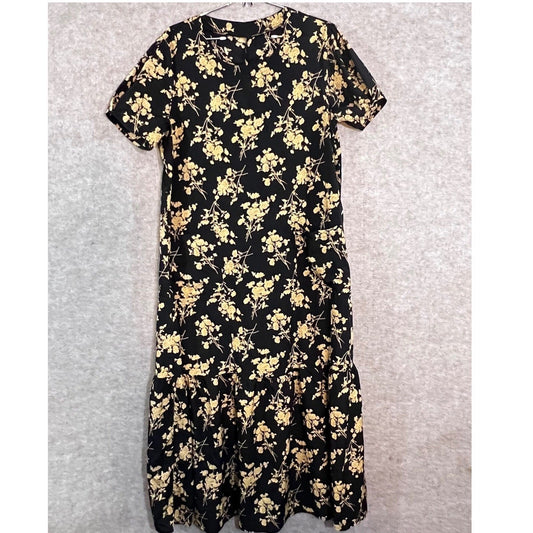 Floral Maxi Dress Womens Black Yellow Short Sleeve Tiered Cottagecore