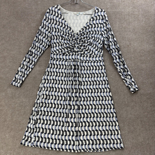 Boden Ruched Front Long Sleeve Geometric Print Midi Dress 12 Jersey Knit