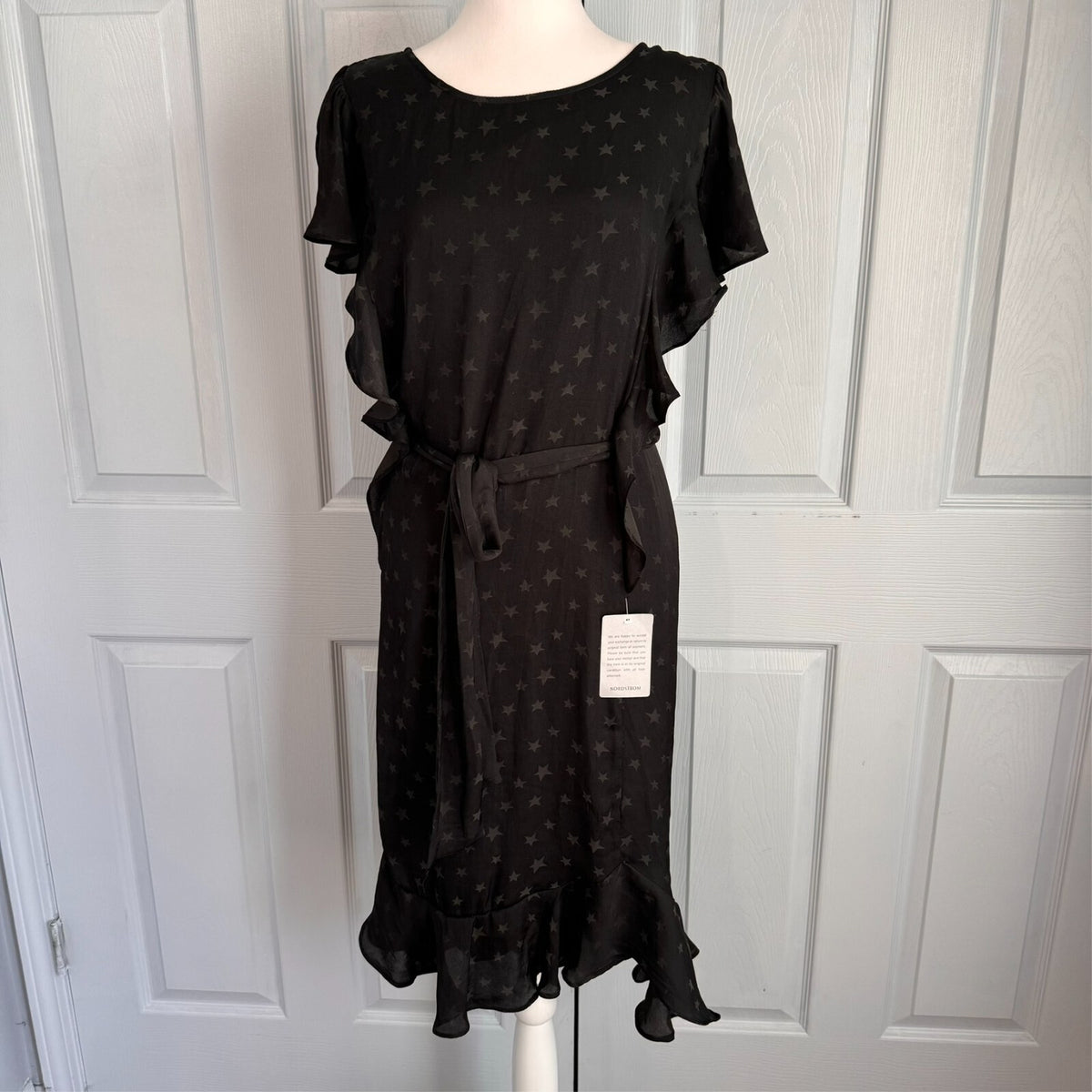 Max Studio Black Star Print Ruffle Flirty Hi-lo hem Dress Sz L Orig $138
