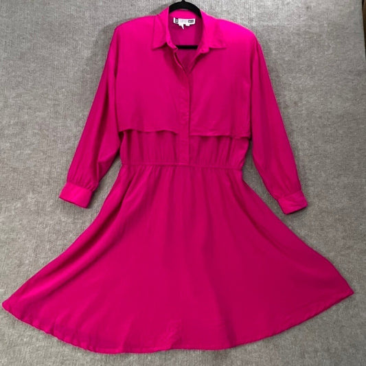 Vintage SK & Company Dress Size 14 Hot Pink 100% Silk Long Sleeve Shoulder Pads!