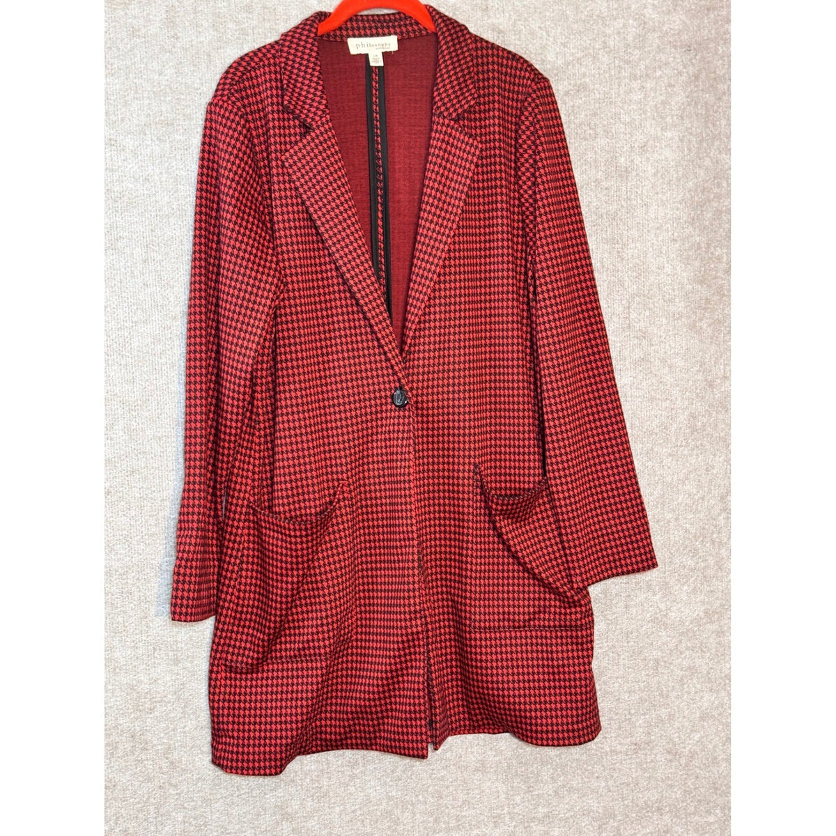 Philosophy Houndstooth Blazer Women L Red Black Longline Jacket Career