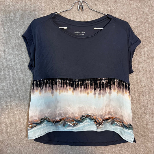 AllSaints Crystal Pina Top Womens XS Black Landscape Print Mixed Media Tee