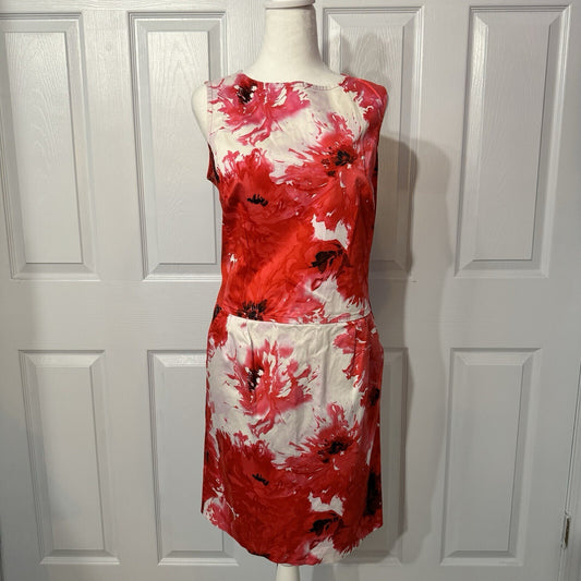 Floral Sleeveless Sz 10 Dress Red White Poppies Print Career Cocktail Party
