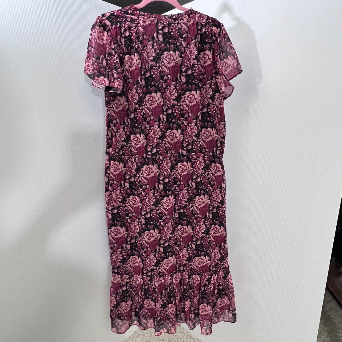 PAIGE Floral Print Midi Dress Purple Pink Black Short Sleeve Womens Size L