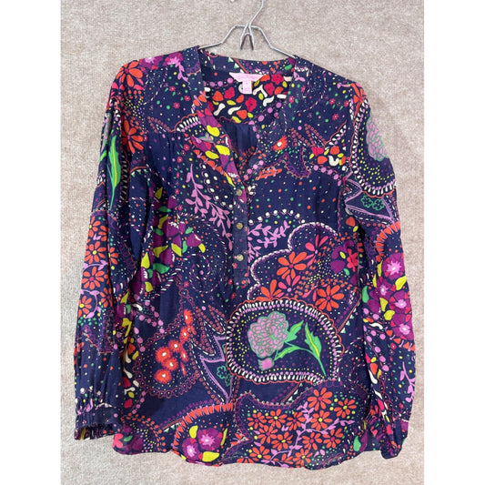 Lilly Pulitzer Henley Blouse Women Small Navy Floral Paisley Cotton Preppy Boho