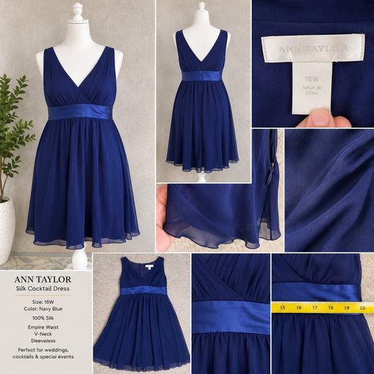 Ann Taylor Silk Cocktail Dress Womens 16 Navy Blue V-Neck Empire Waist Elegant