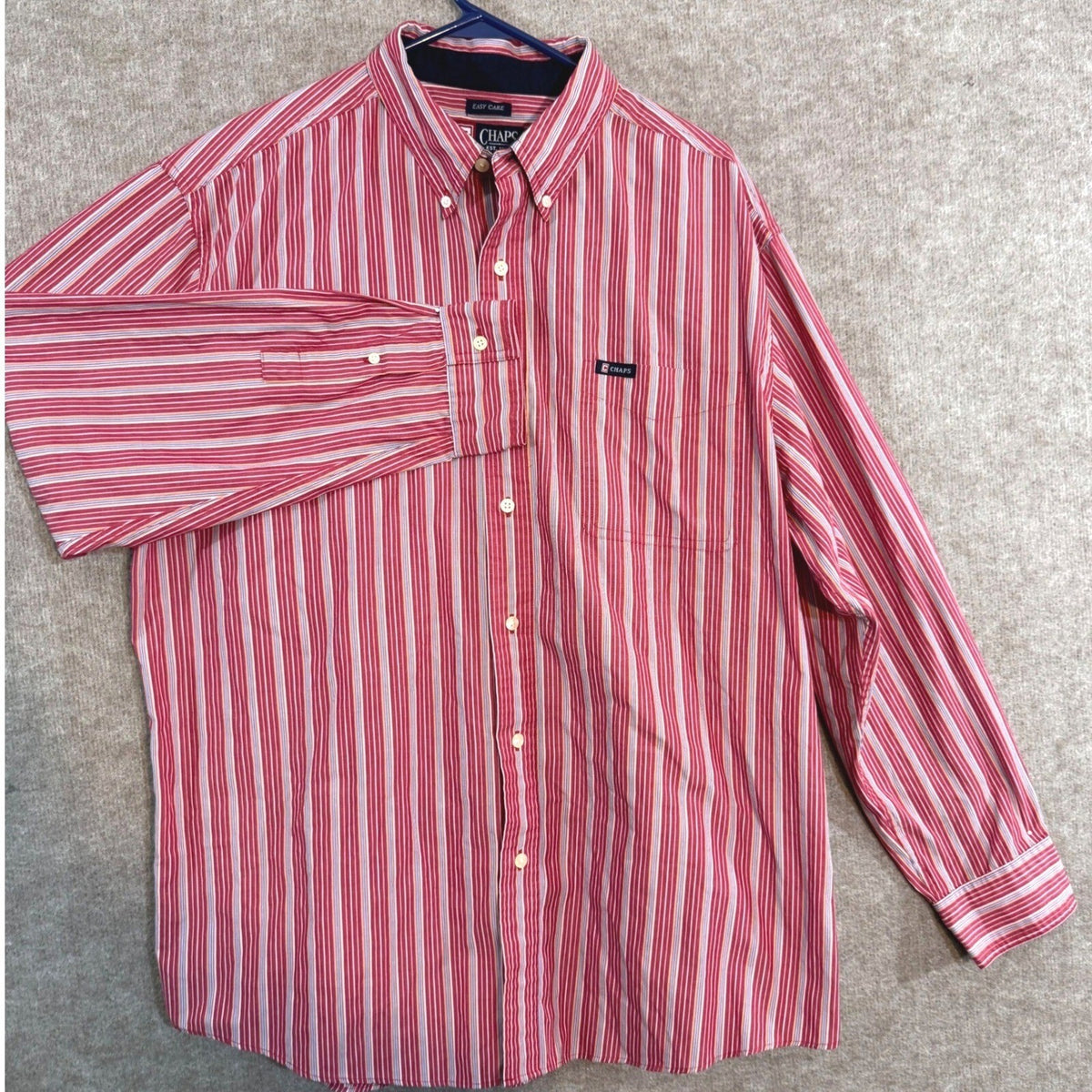 Chaps Button Down Shirt Mens XL Red Striped Long Sleeve Easy Care Preppy