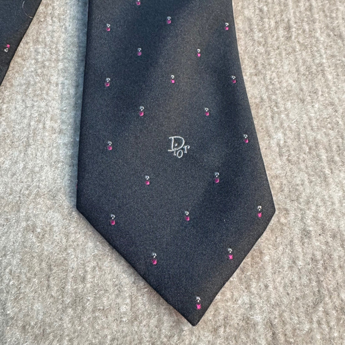 Vintage Christian Dior Necktie Black Pink Micro Dot CD Logo Silk Blend Italy