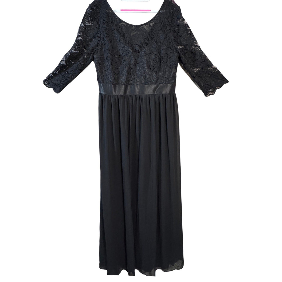 Black Lace Chiffon Maxi Dress Womens XL Gothic Formal Evening Modest 3/4 Sleeve