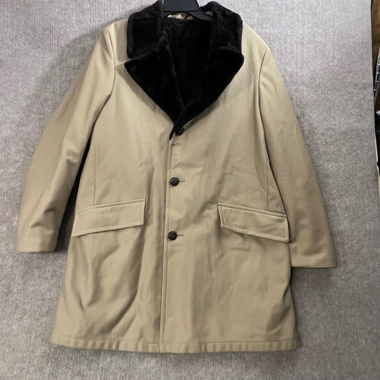Sears Vintage Men 42 Tall Tan Over Coat Faux Fur Collar Dress Coat Mid Length