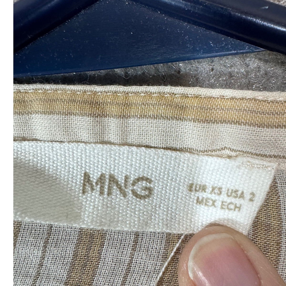 MNG Mango Striped Button Front Blouse Womens XS 2 Tan Long Sleeve Boho Prairie