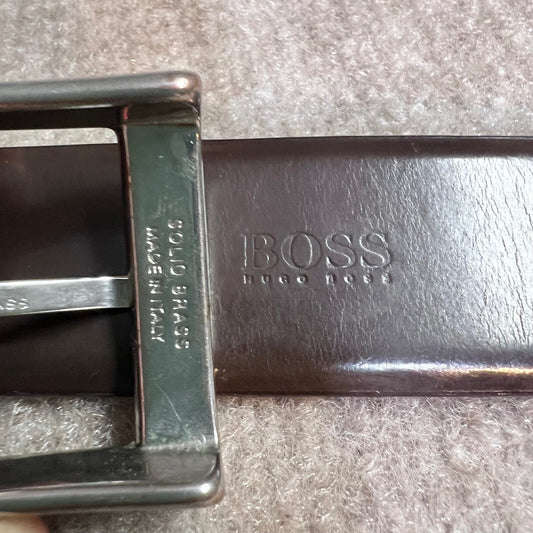 Hugo Boss Leather Belt Mens 38 Brown Solid Brass Buckle Made in Italy Designer