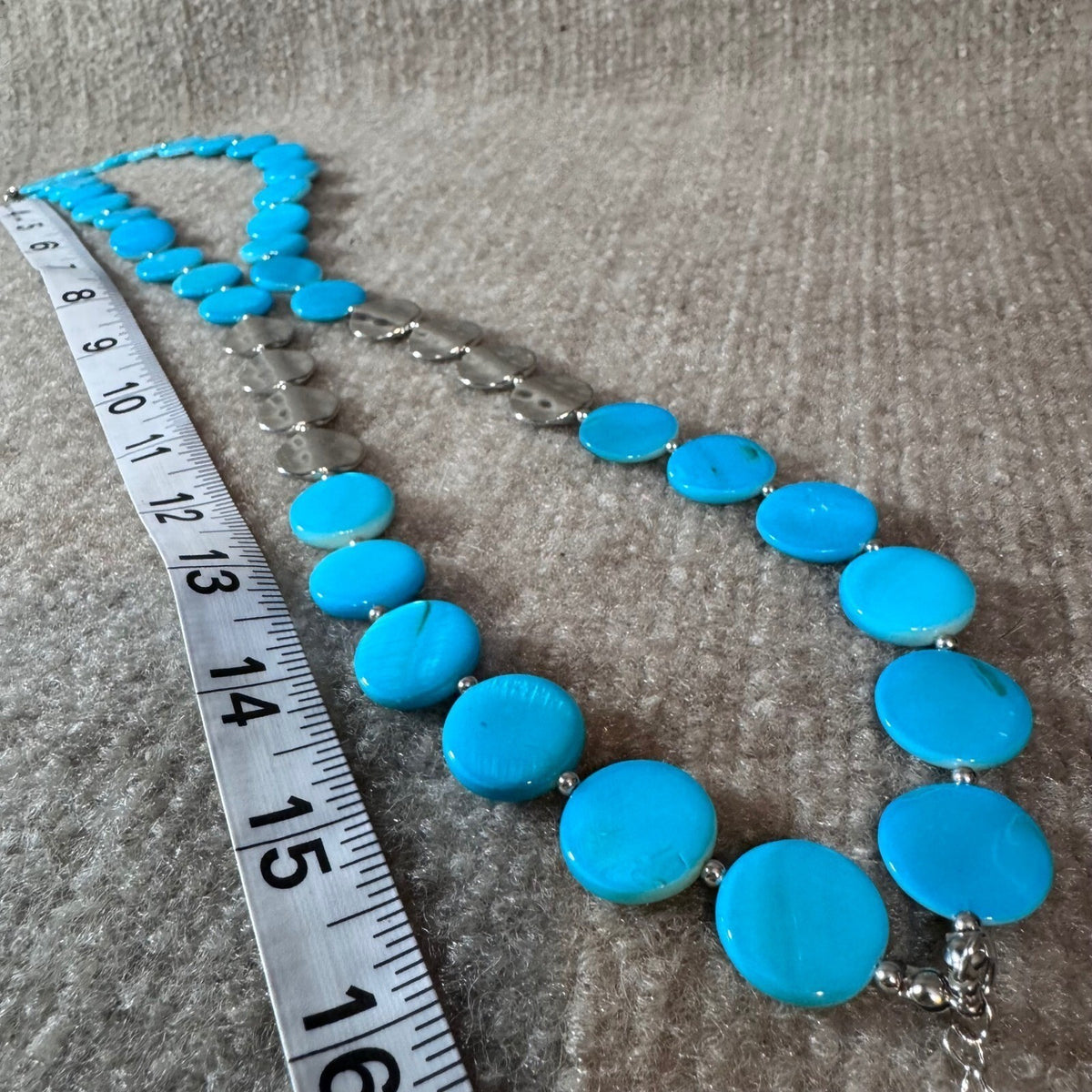 Double Strand Beaded Statement Necklace OS Mod Blue Disc Layered Collar
