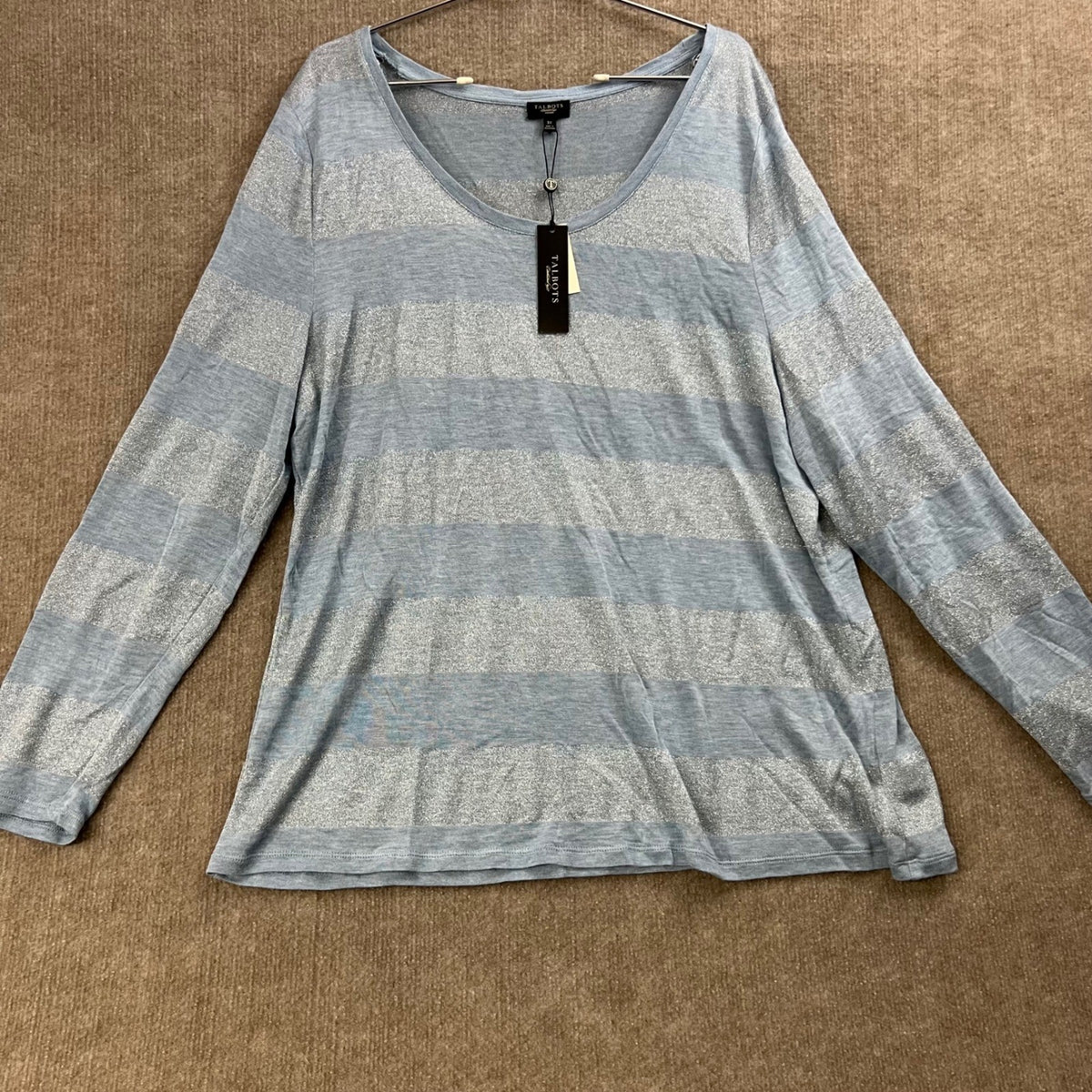 NWT Talbots Women's 3X Blue Silver Striped Long Sleeve Knit Top Metallic Sparkle