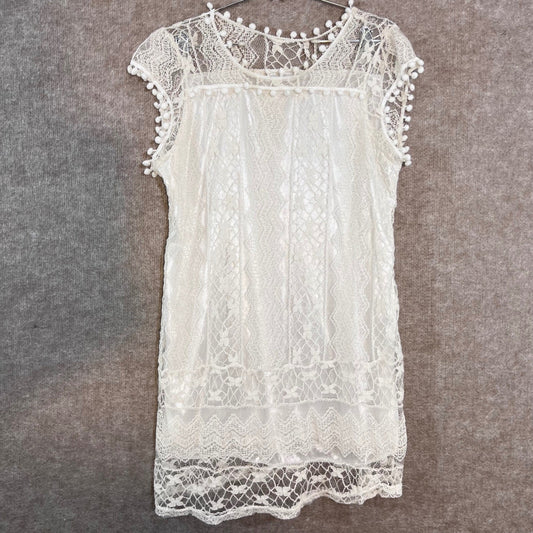 White Lace Pom Pom Trim Mini Dress Womens Size L Boho Cottagecore