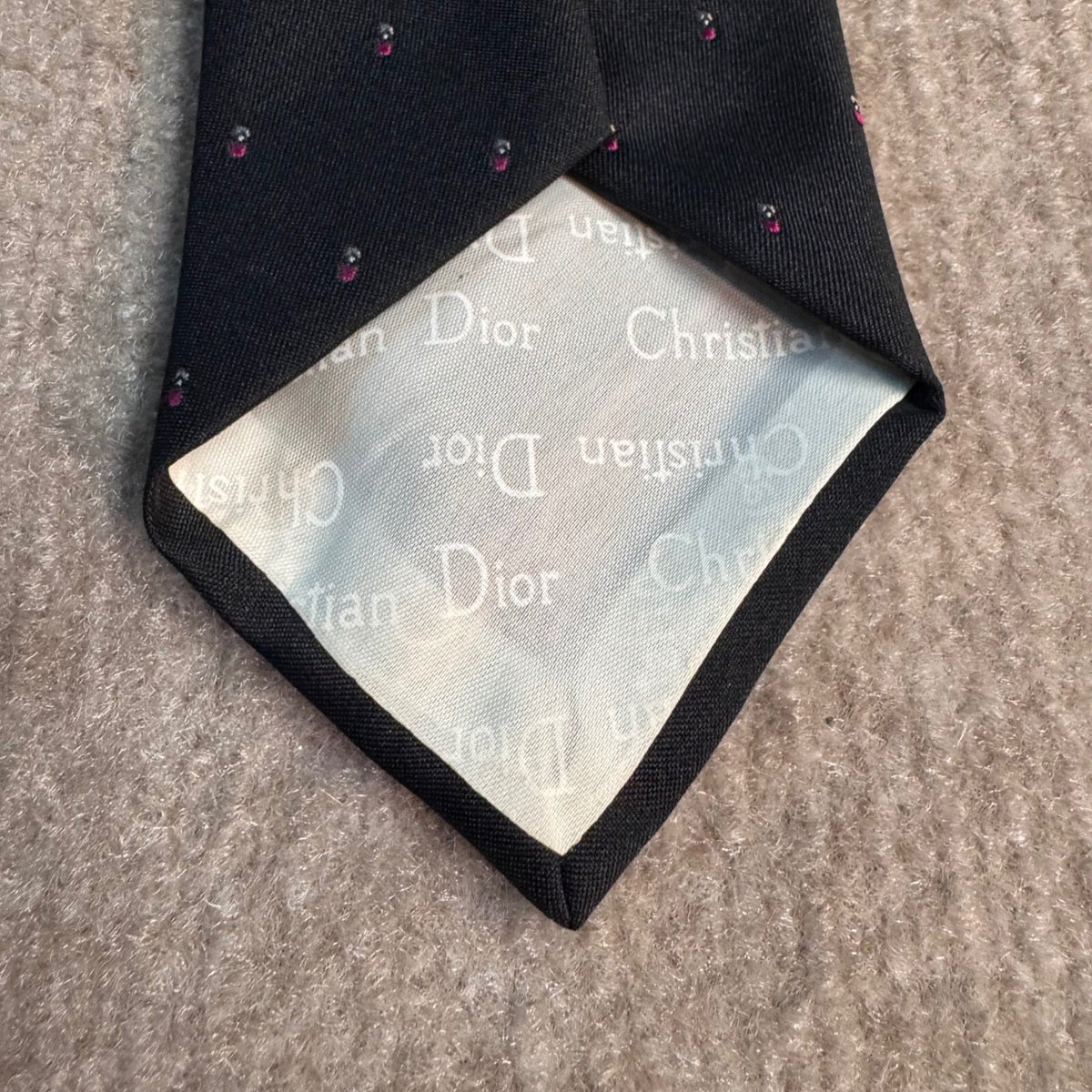 Vintage Christian Dior Necktie Black Pink Micro Dot CD Logo Silk Blend Italy