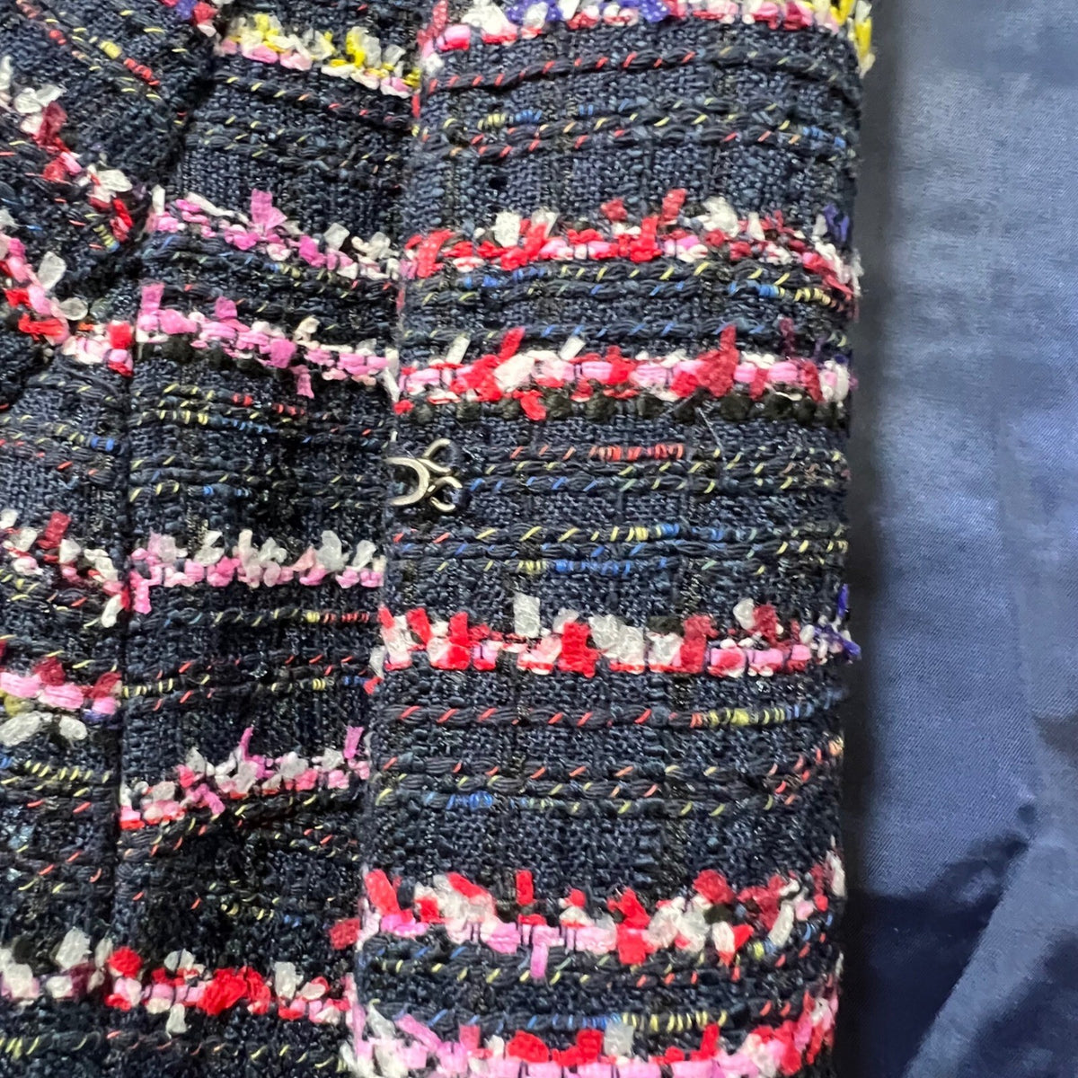 Talbots Navy Tweed Blazer Jacket Multicolor Stripe Trim Open Front Size 14