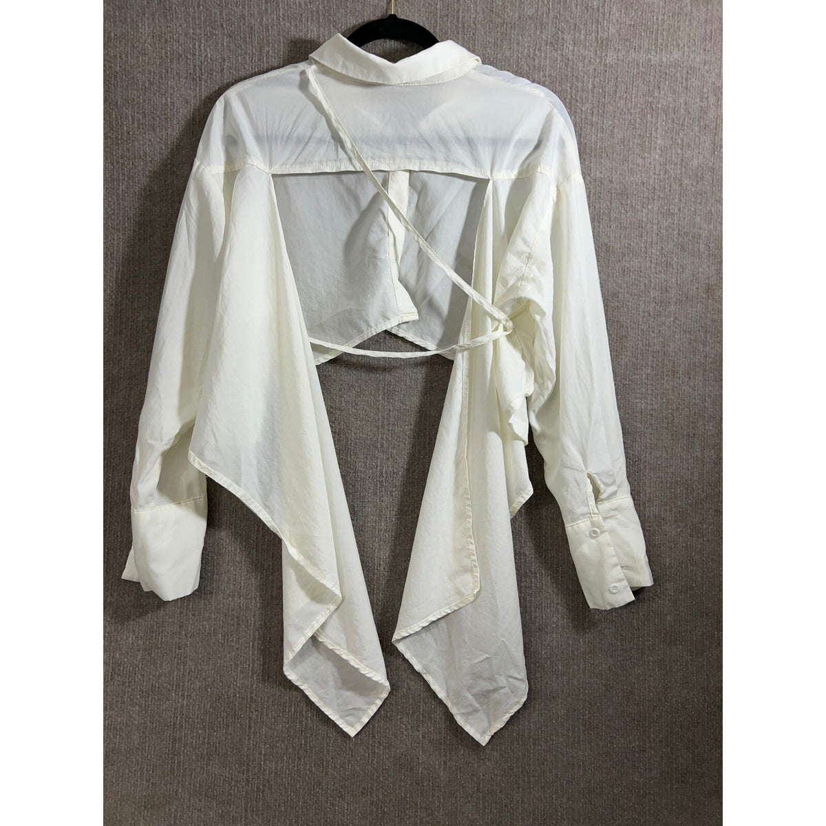 Musera White Button Down Blouse XS Cropped Asymmetrical Draped Long Sleeve Top