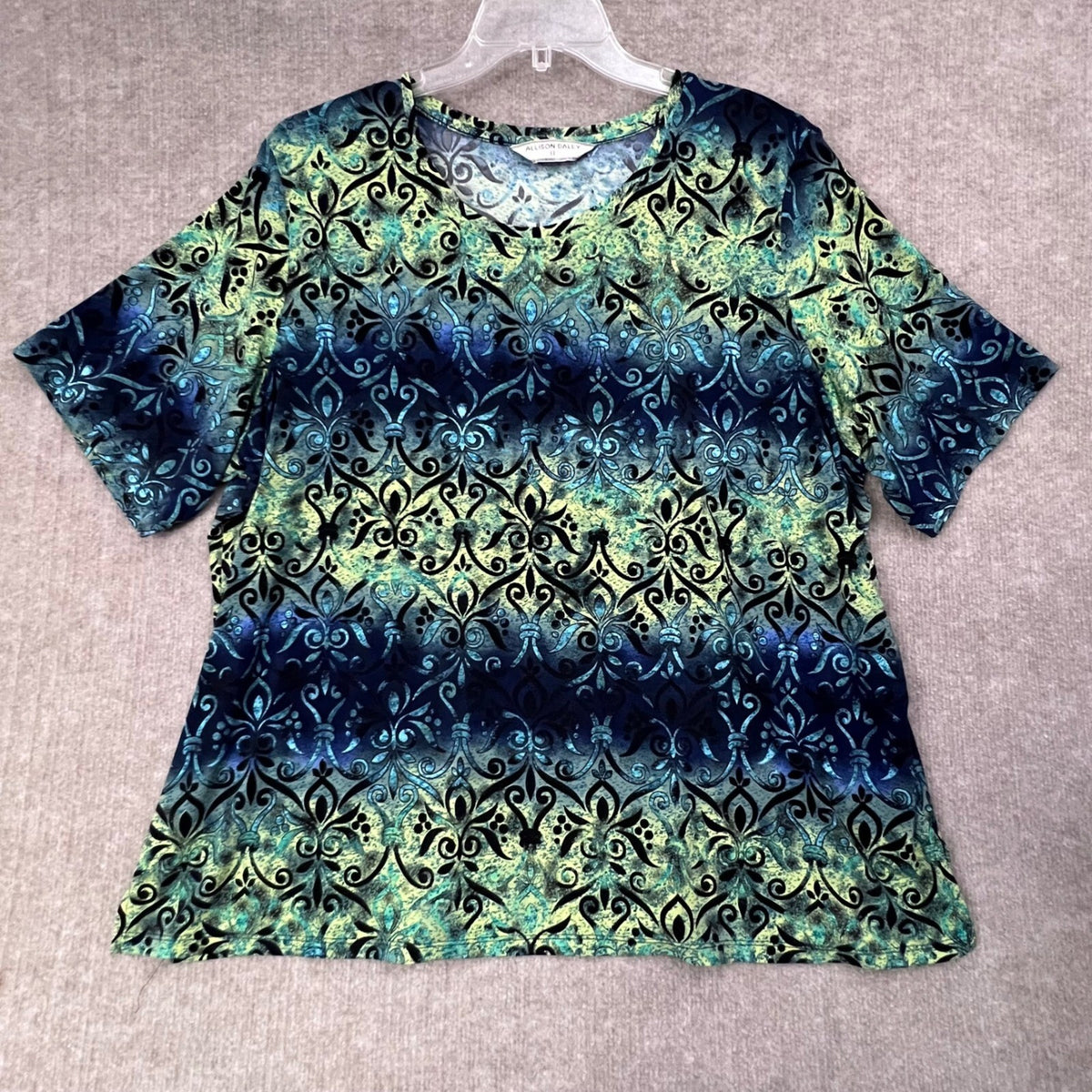 Allison Daley Top 2X Blue Green Black Pattern Short Sleeve