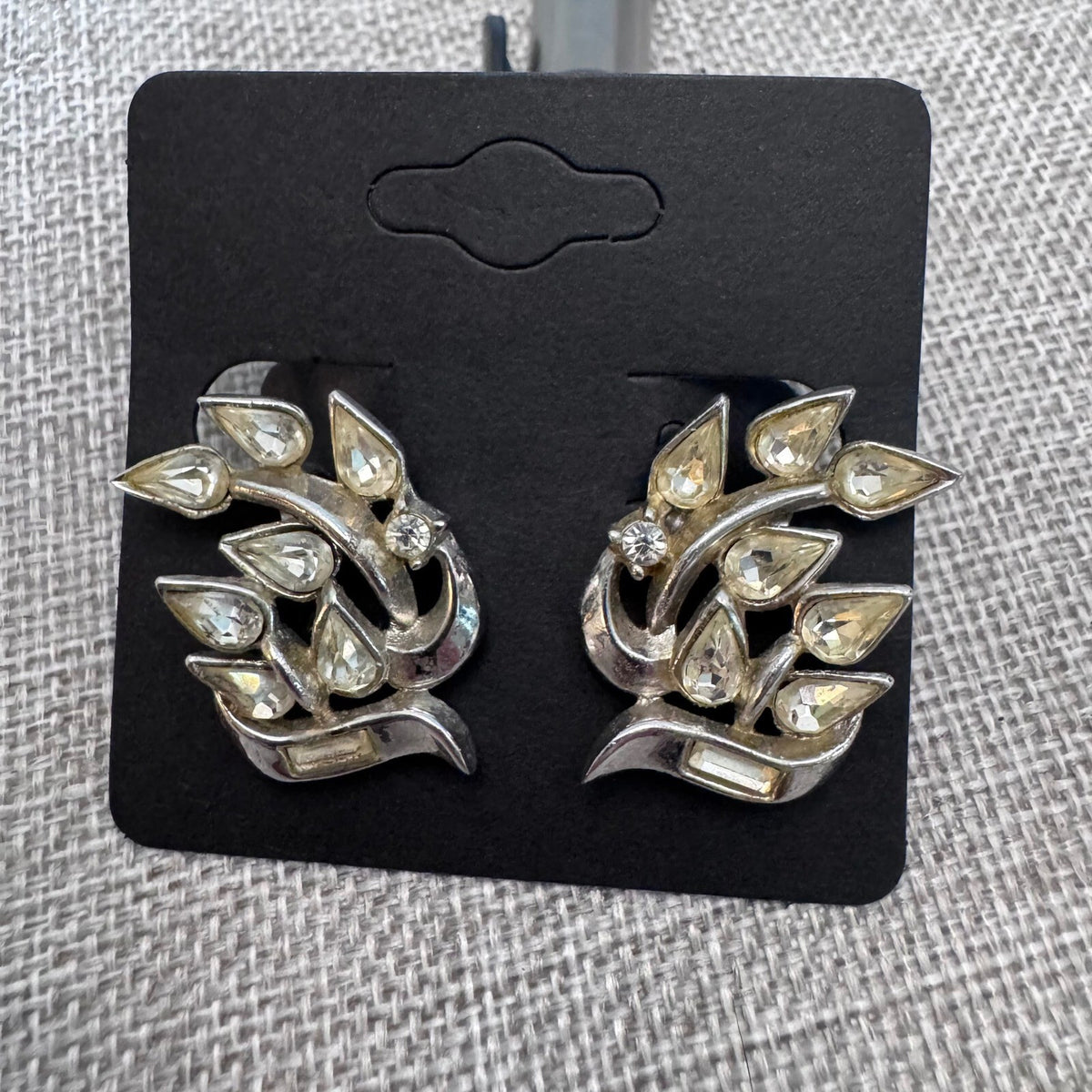 Vintage Crown Trifari Rhinestone Leaf Clip-On Earrings Signed Designer Jewelry