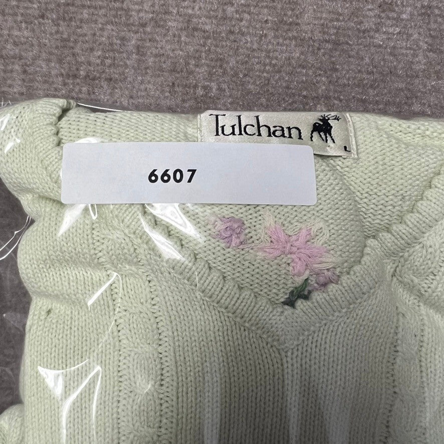 Tulchan Womens Sweater Large Green Floral Embroidered Knit V Neck