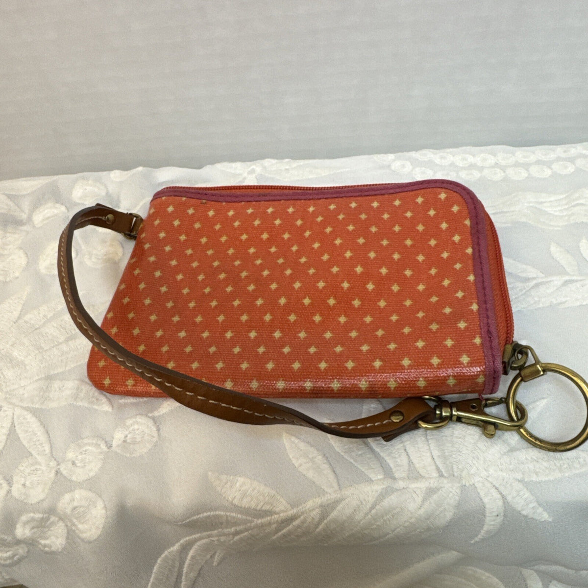 Fossil Key-per Wallet Orange Coated Canvas Zip Around Geometric Accordion Fold