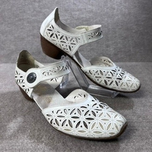 Rieker Laser Cut Mary Jane Heels Women 9-9.5 White Leather Floral Cottagecore