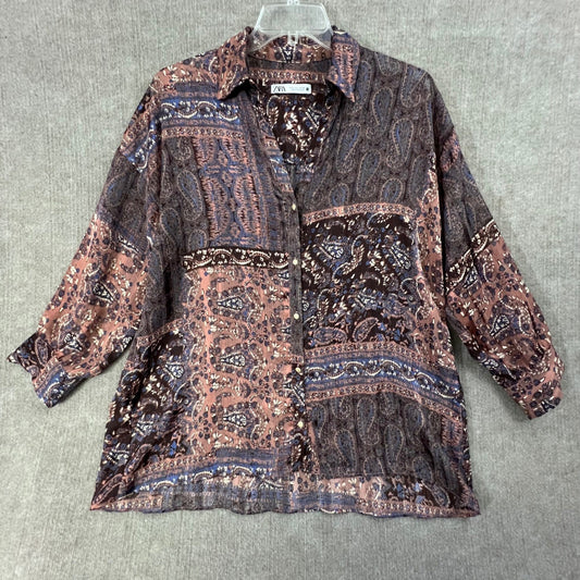 Zara Womens Top Small Paisley Print Button Down Shirt Blouse Casual
