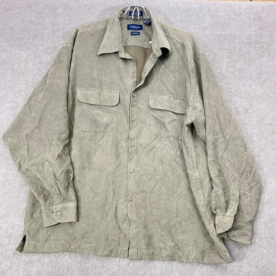 Van Heusen Soft Suede Feel Shirt Mens Large Olive Green Button Up Collared