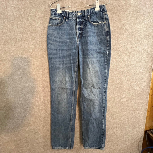 Good American Straight Leg Jeans Women 6/28 Blue Medium Wash High Rise Raw Hem