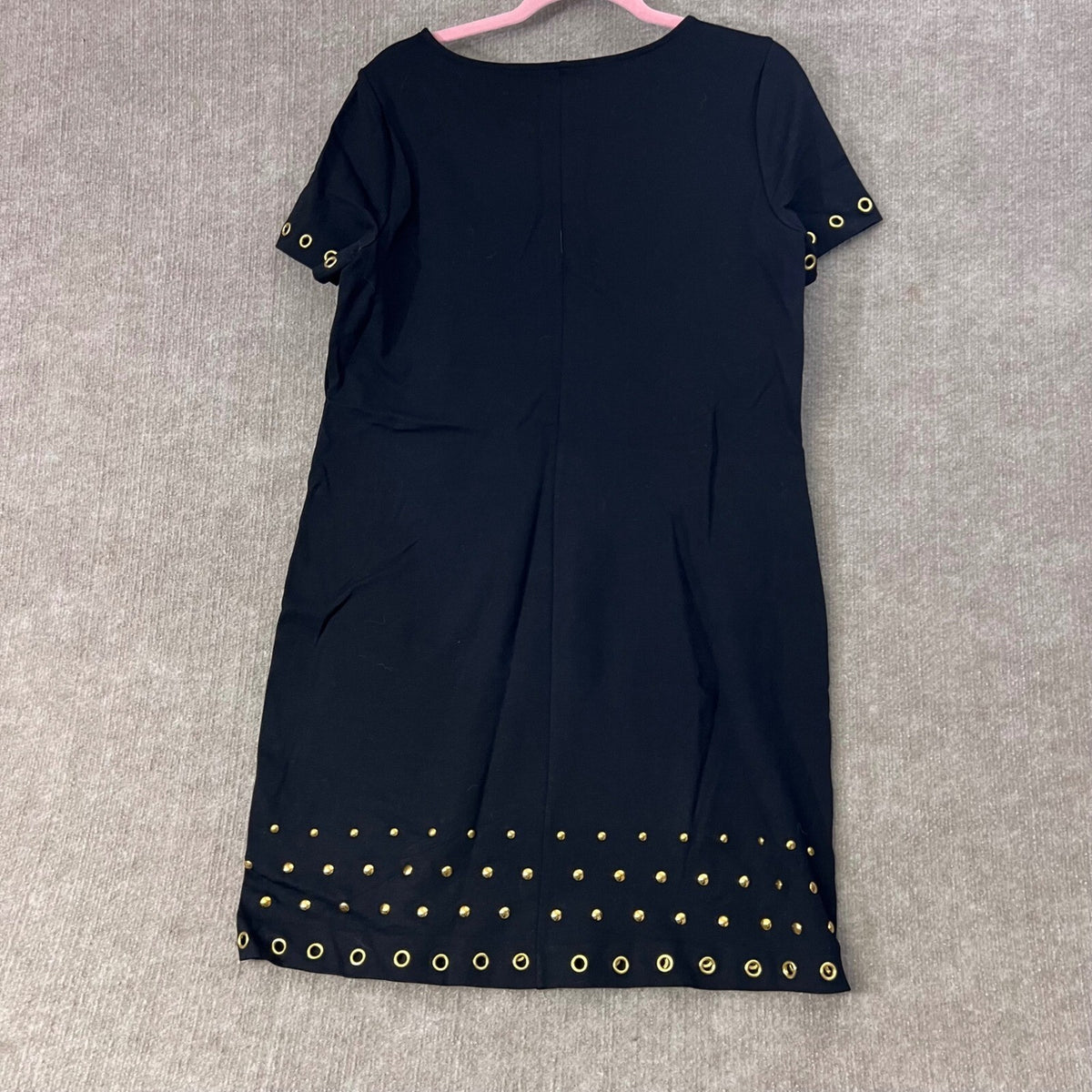Roz & Ali Black Shift Dress Short Sleeve Gold Grommet Accents Casual Chic