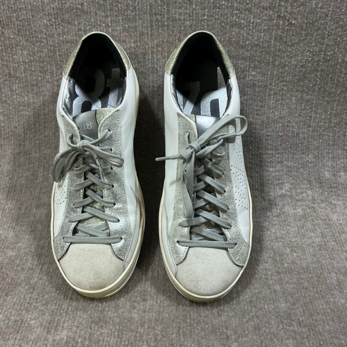 P448 John White Silver Glitter Leather Low Top Sneakers Size 41 US 10