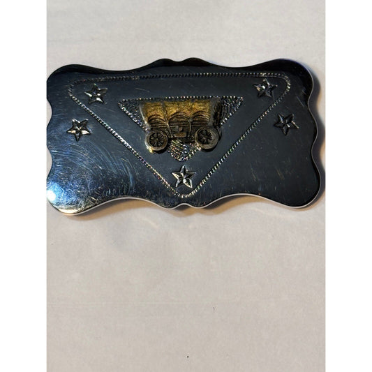 Vintage Chambers Belt Co Covered Wagon Western Belt Buckle Silver+Gold Tone USA