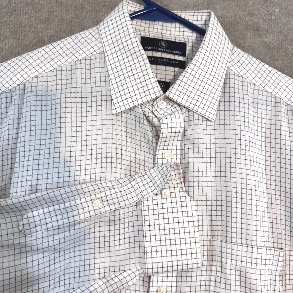 Hart Schaffner Marx Button Down Shirt Mens 16.5 34 Grid Check Non-Iron Office