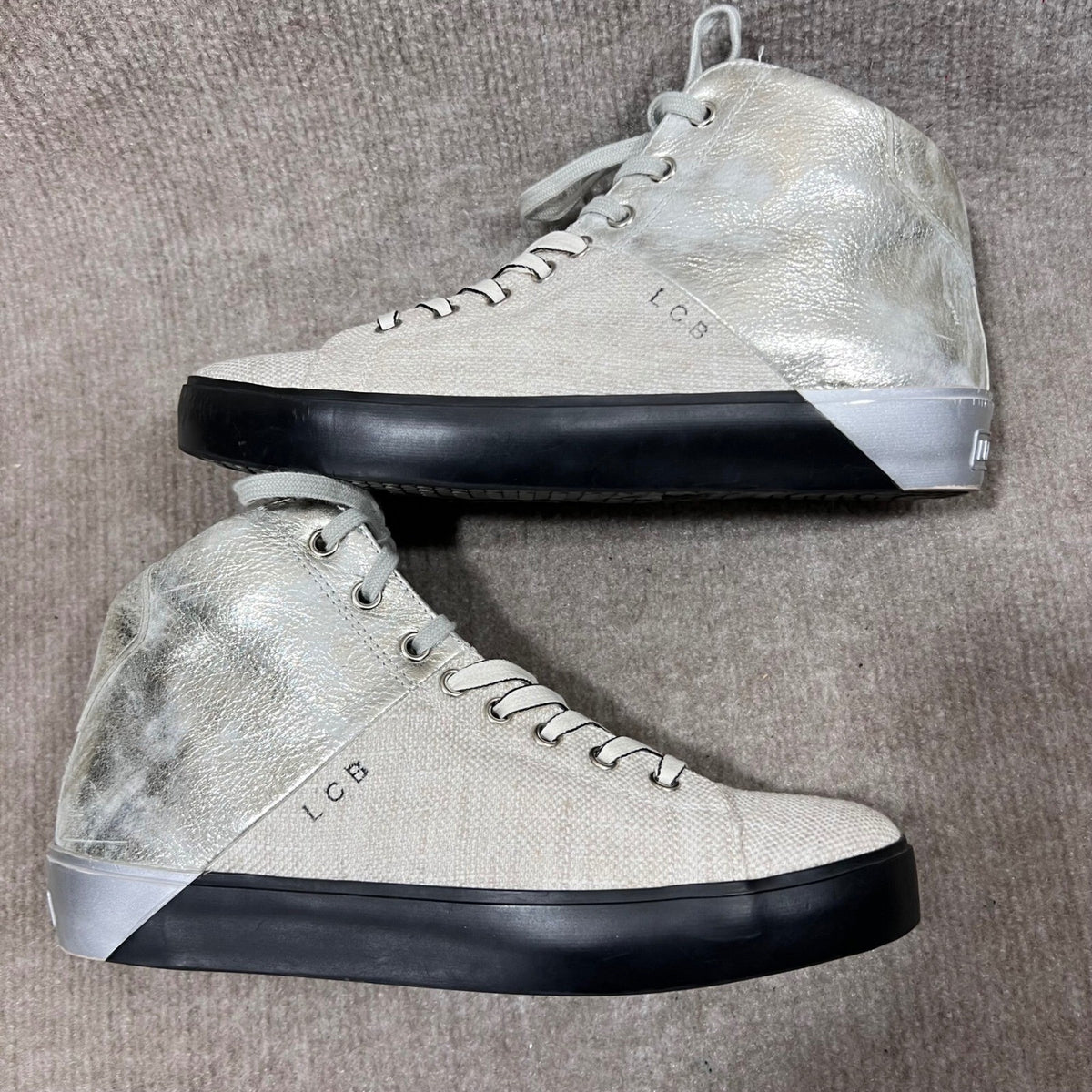 Leather Crown High Top Sneakers Metallic Silver White Canvas Side Zip Women 38