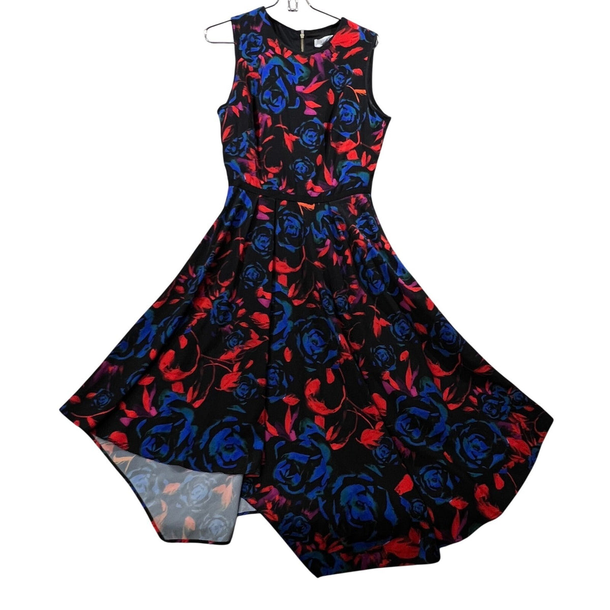 Hunter Bell New York Floral Print Black Blue Red Sleeveless Hi Low Dress Size 8