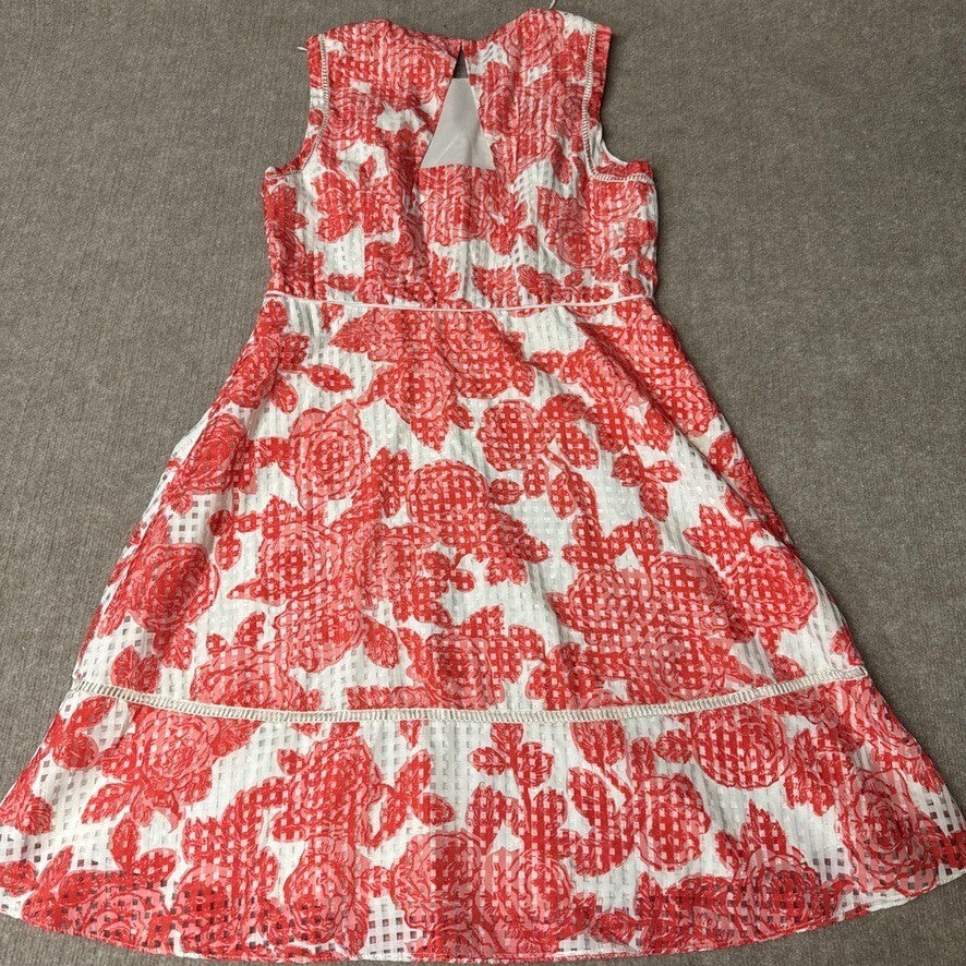 Adrianna Papell White & Orange-Red Floral Dress Sleeveless Fit & Flare Party