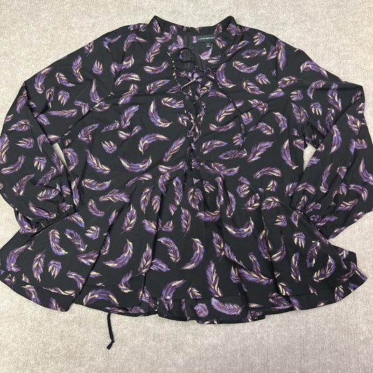 Lane Bryant Women's Black Purple Peplum Feather Print Lace Up Top Blouse Size 28