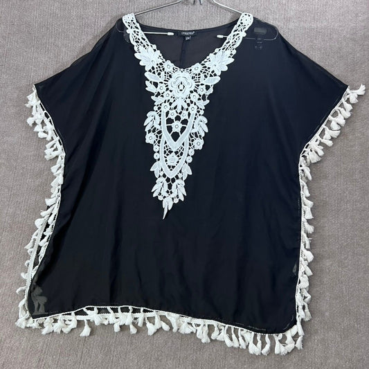 Black Crochet Lace Sheer Tassel Cover Up Top Beach Swim Pool Resort S/M