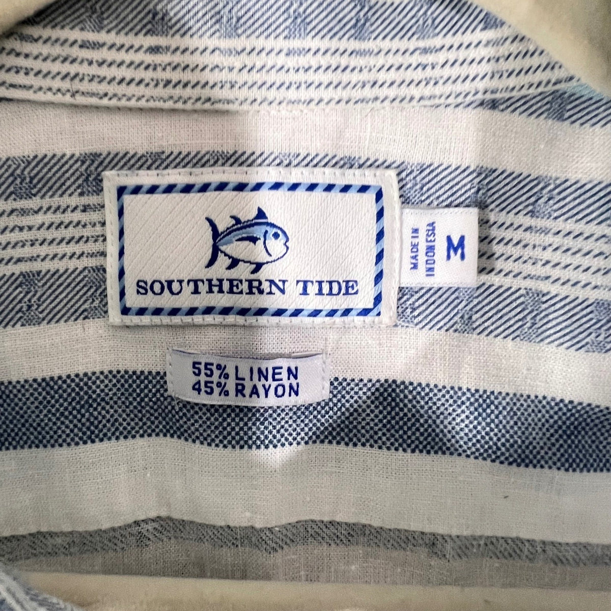 Southern Tide Button Down Shirt Mens Medium Blue Striped Linen Blend Coastal