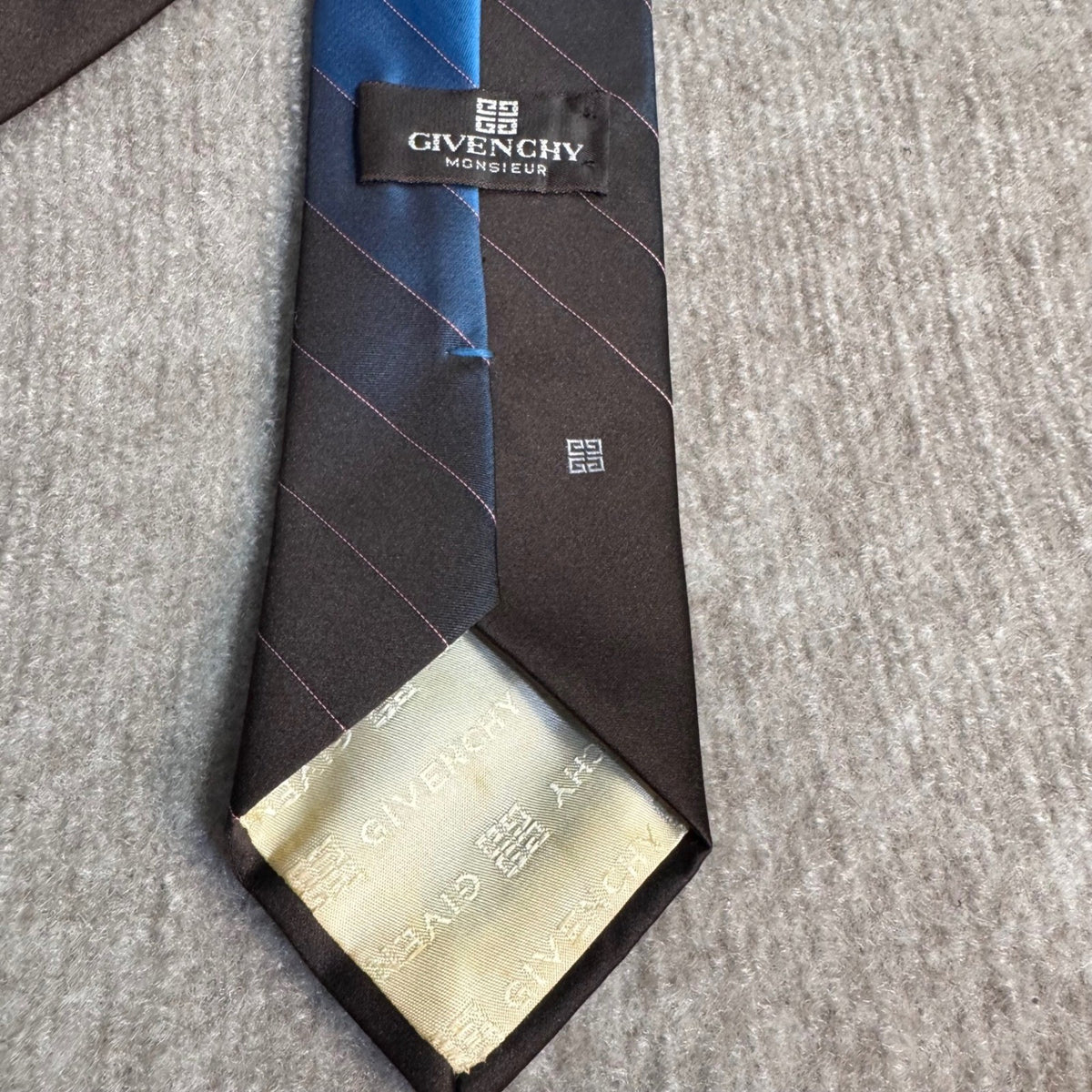 Vintage 90s Givenchy Monsieur Tie Brown Blue Stripe Silk Blend Designer Necktie