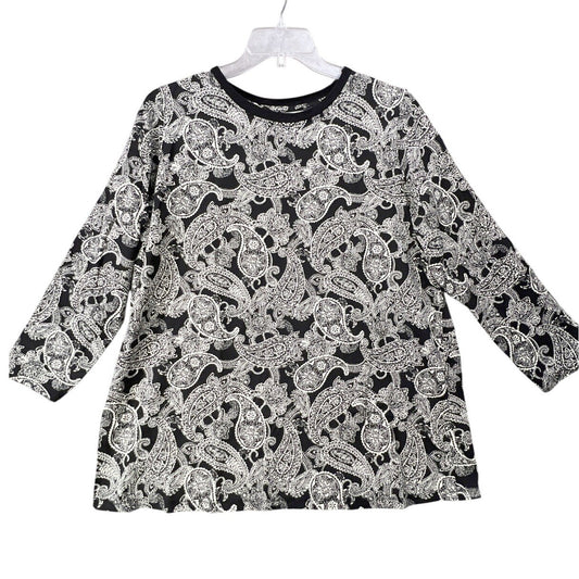 Roaman's Paisley Top Women 1X Black White Cotton 3/4 Sleeve Minimalist Boho