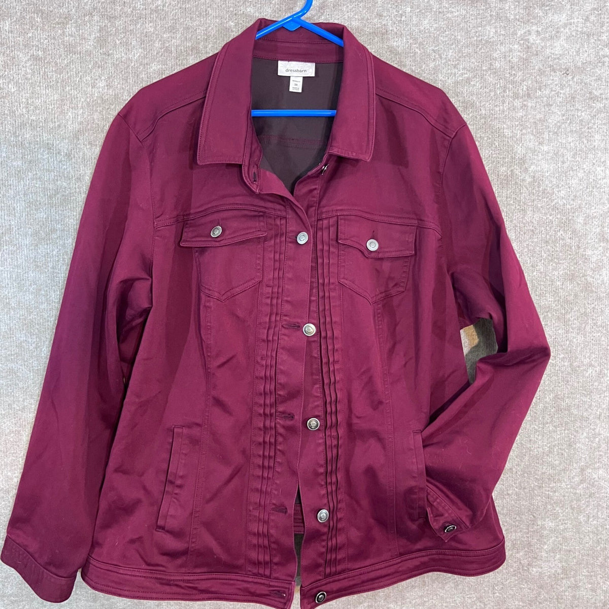 Dressbarn Denim Style Jacket Womens 3X Burgundy Cotton Stretch Pintuck Casual