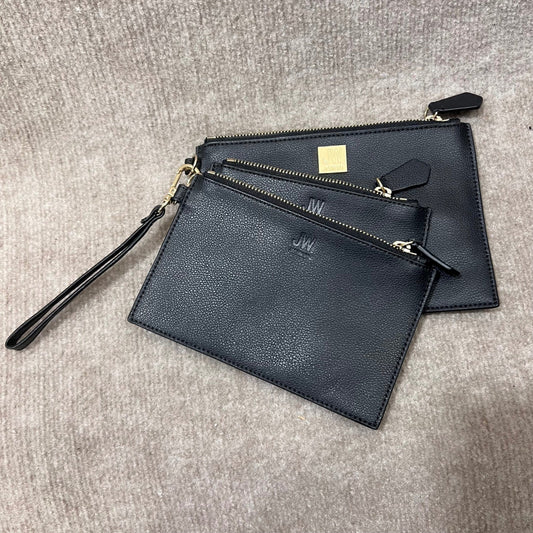 Jason Wu 3Pc Black Pebbled Leather Cosmetic Pouch Set Wristlet GoldTone Hardware