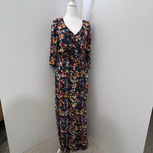Everly Floral Print Maxi Dress Med V Neck 3/4 Sleeve Elastic Waist Boho Chic