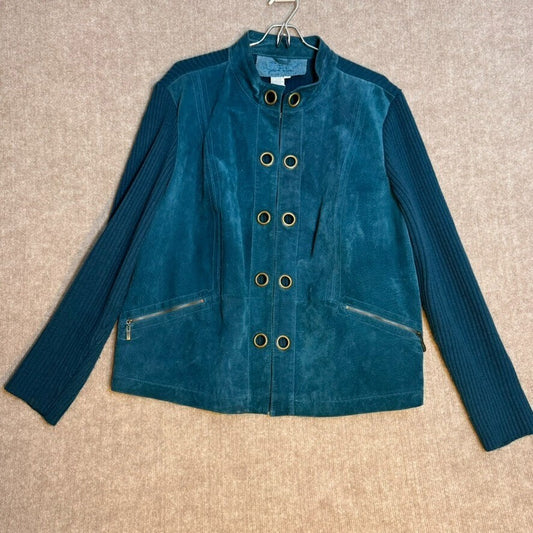 Live a Little 1X Women Knit and Suede Leather Teal Jacket