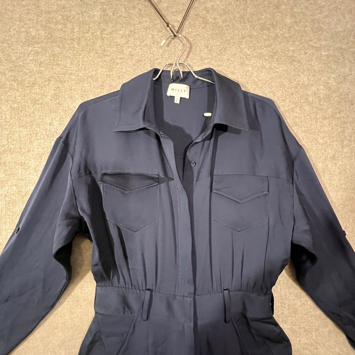 Milly Silk Utility Jumpsuit Womens 4 Navy Blue Long Sleeve Minimalist Boho