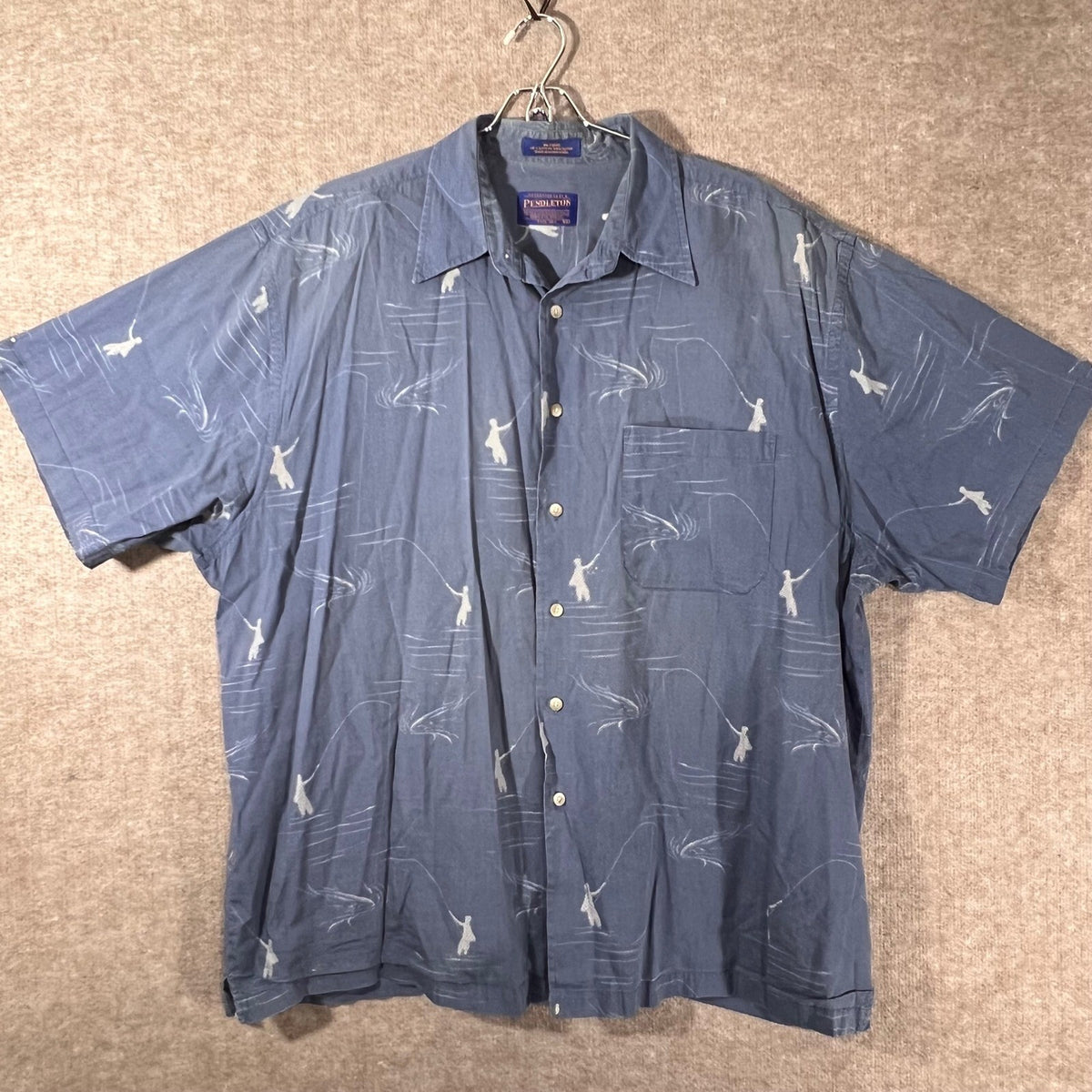 Vintage Pendleton Mens XL Fly Fishing Shirt Blue Herringbone Button Up