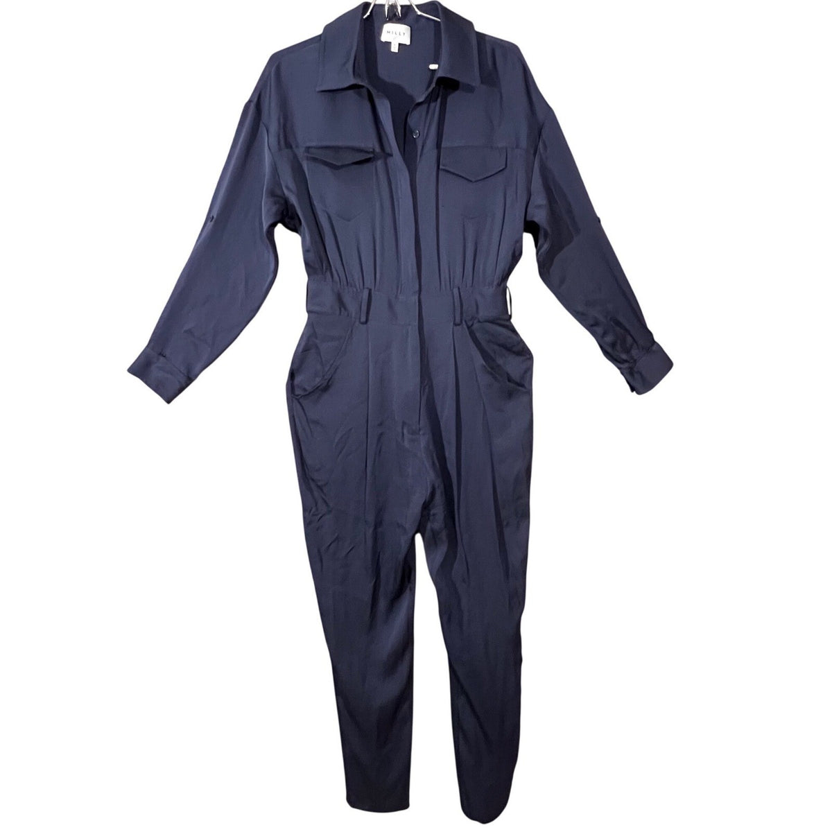 Milly Silk Utility Jumpsuit Womens 4 Navy Blue Long Sleeve Minimalist Boho